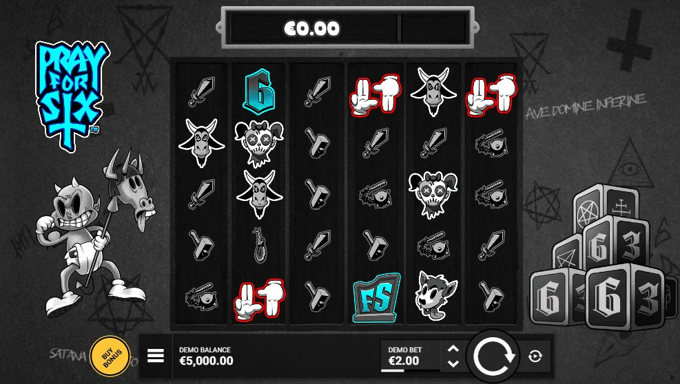 Pray for Six slot — 6x5 dark demonic nursery grid with scatter pay symbols